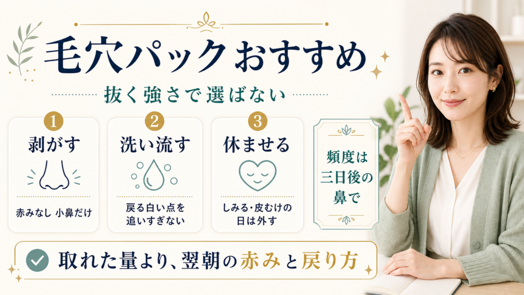毛穴パックおすすめを剥がす洗い流す休ませるで分ける図解