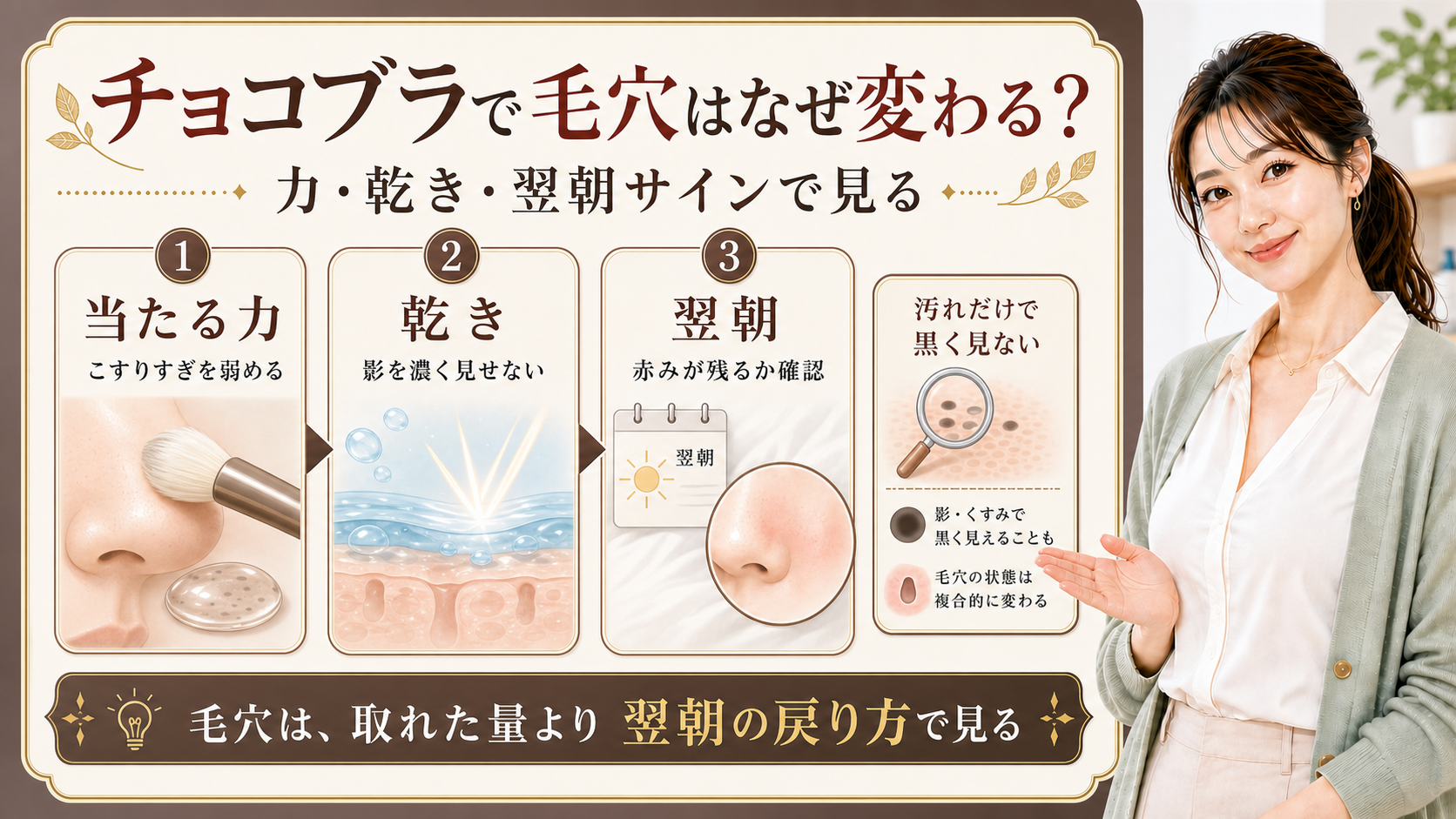 チョコブラで毛穴が変わる理由を力乾き翌朝サインで整理する美容解説ボード
