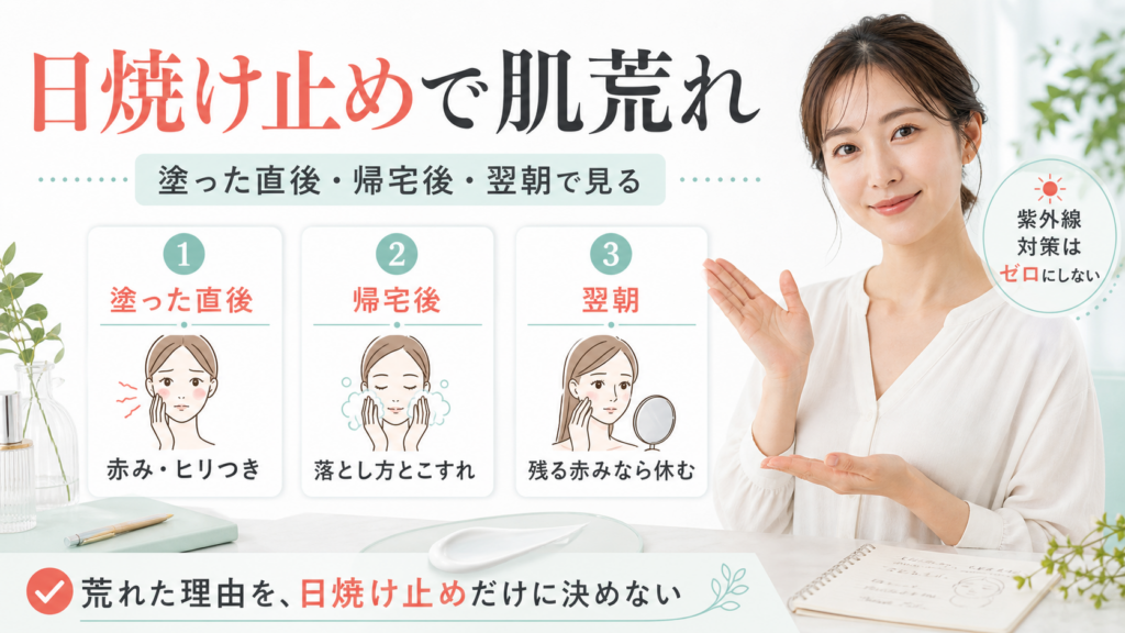 日焼け止めで肌荒れした時に塗った直後・帰宅後・翌朝で見直す美容メディア図解