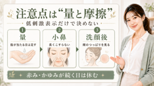マイルドジェルクレンジング（大容量）の注意点を量と摩擦で示すアイキャッチ