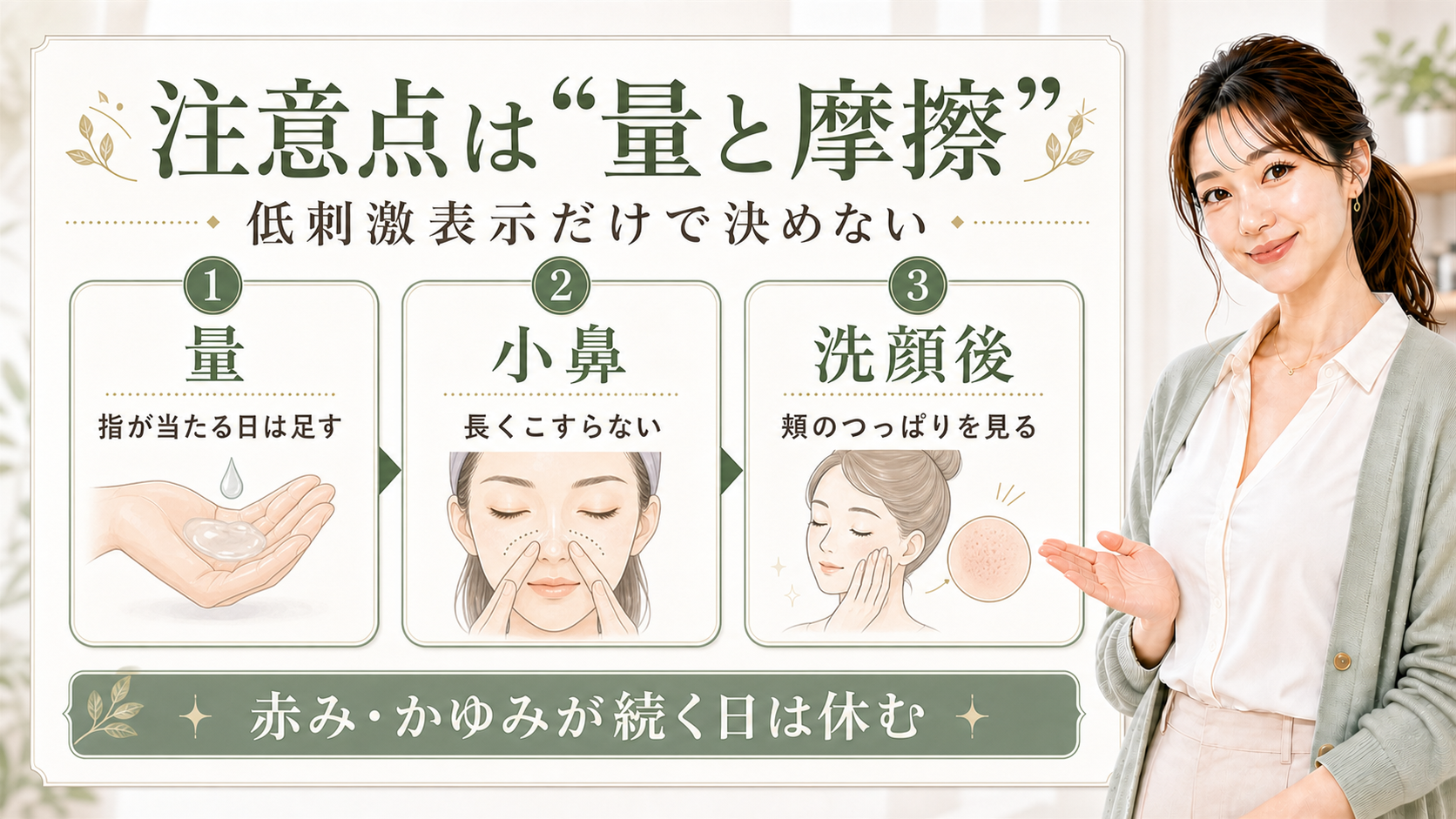 マイルドジェルクレンジング(大容量)の注意点を量と摩擦で示すアイキャッチ