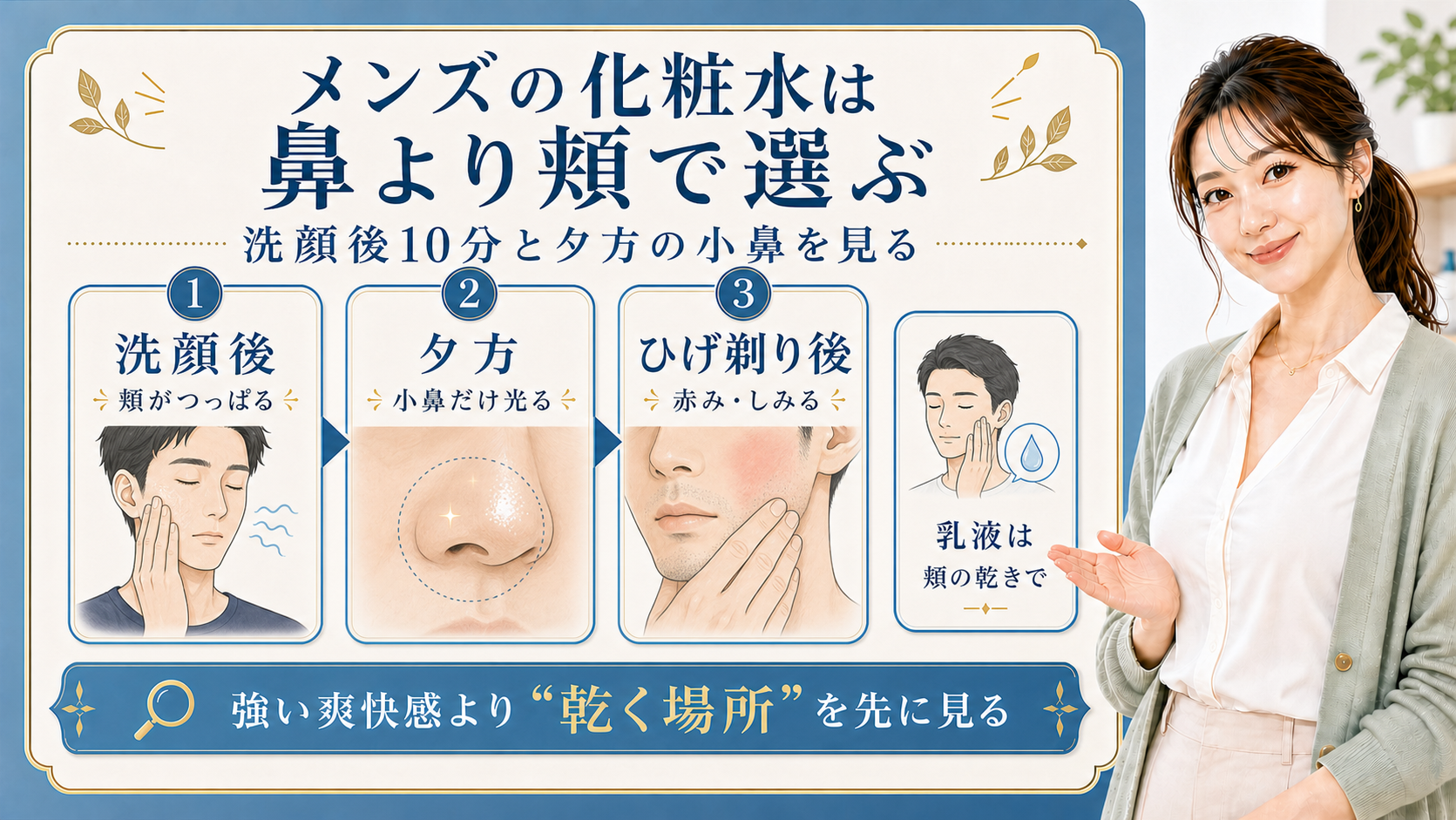 メンズの化粧水を鼻より頬で選ぶ判断を示すアイキャッチ