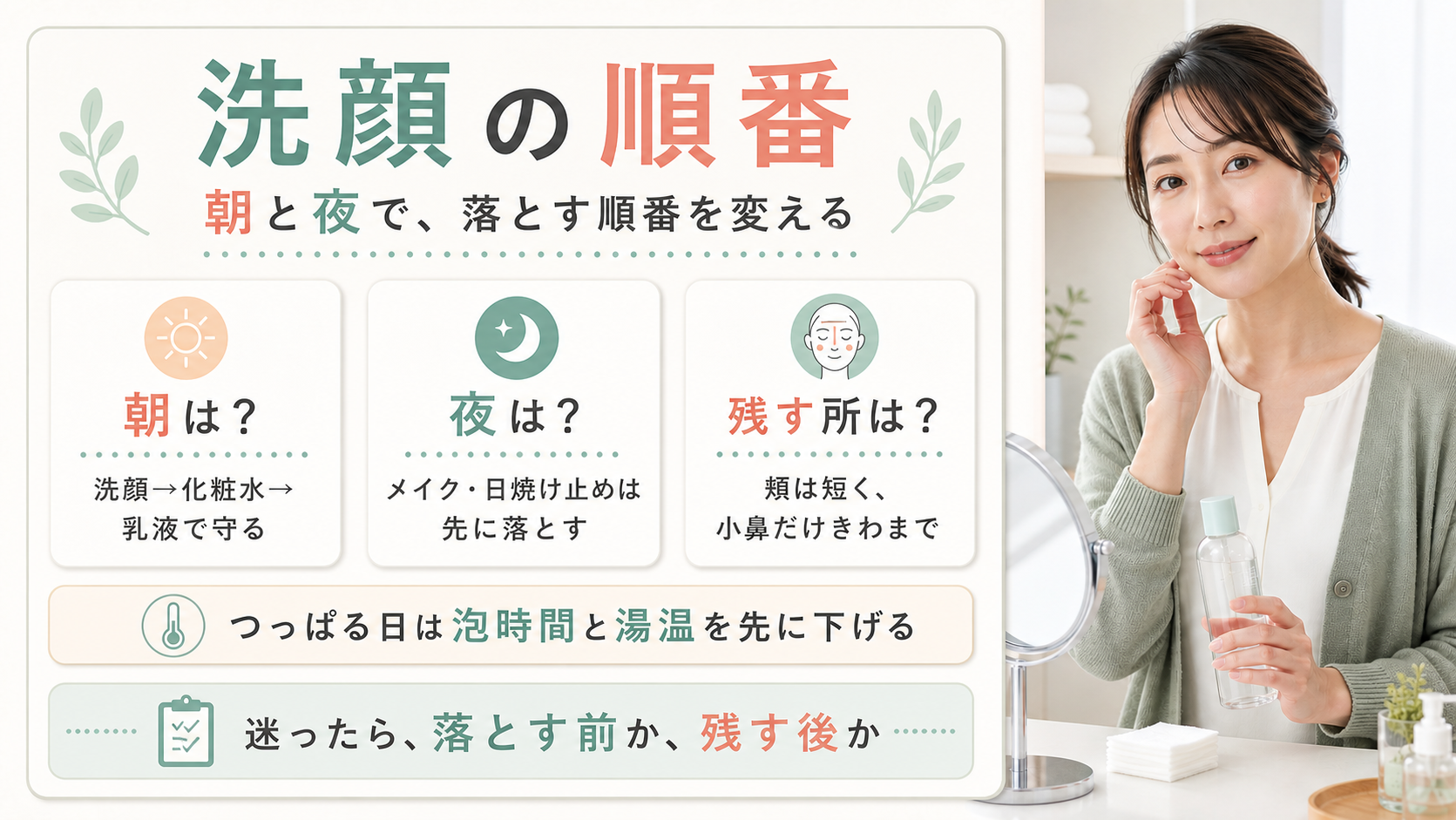 洗顔の順番を朝と夜と残す場所で整理した本番品質の図解