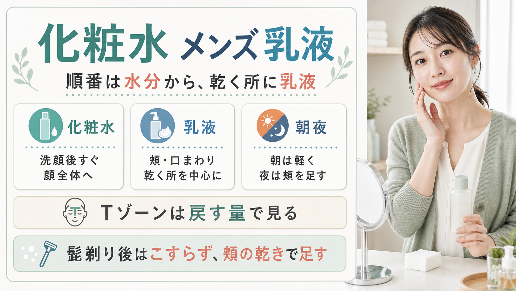 メンズの化粧水と乳液の順番と量を整理した本番品質の図解