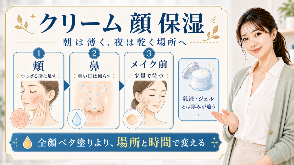 顔の保湿クリームを頬、鼻、メイク前で使い分ける解説
