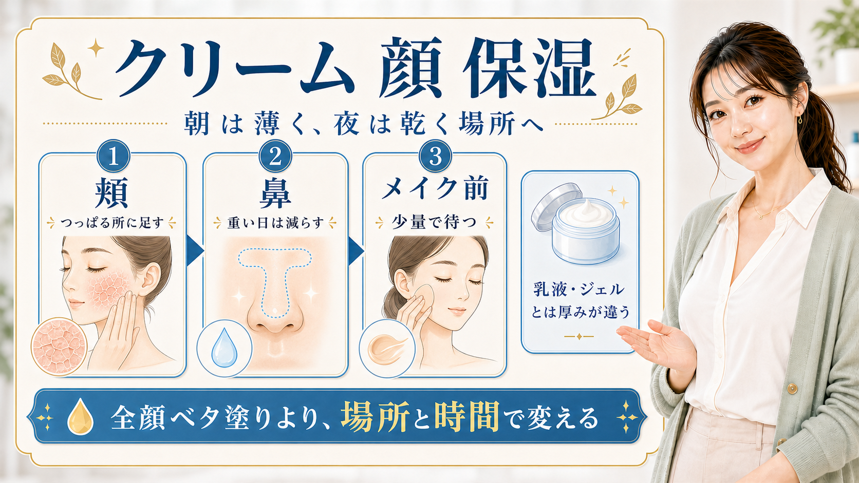 顔の保湿クリームを頬、鼻、メイク前で使い分ける解説