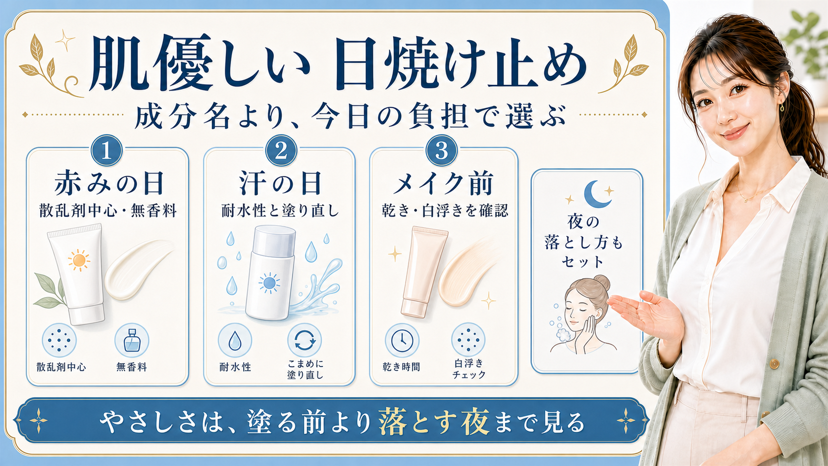 肌に優しい日焼け止めを赤みの日、汗の日、メイク前で選ぶ解説