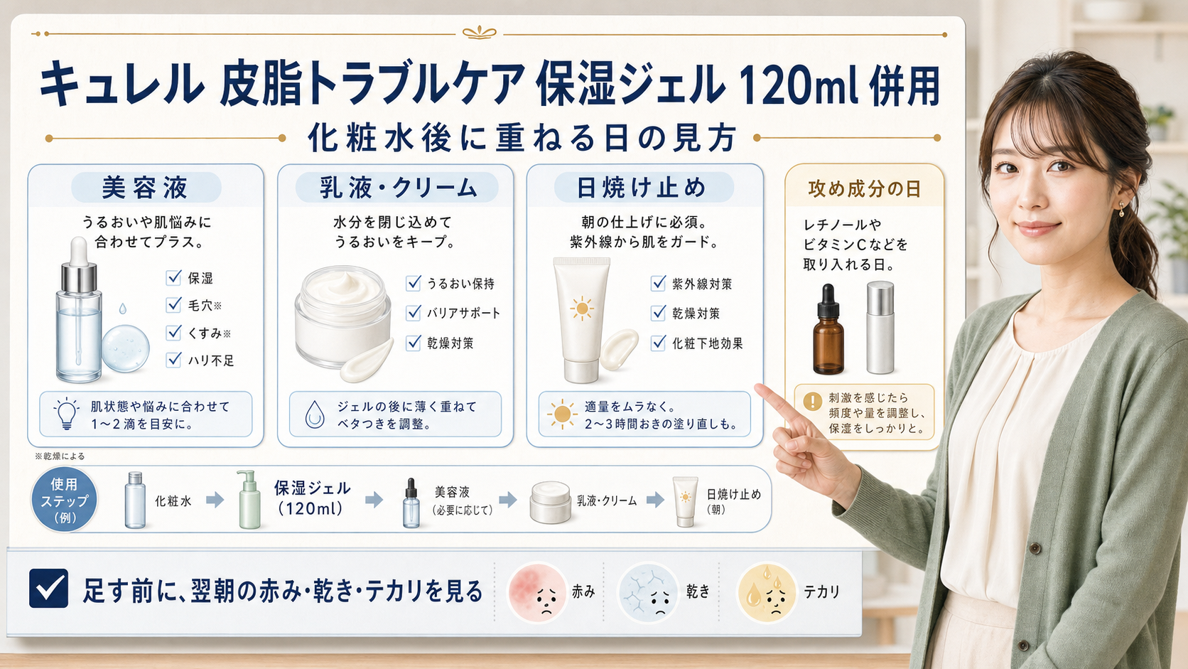 キュレル皮脂トラブルケア保湿ジェル120mlと美容液や乳液や日焼け止めの併用を見る解説
