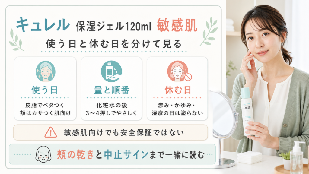 キュレル保湿ジェル120mlを敏感肌で使う日と休む日に分けた本番品質の図解