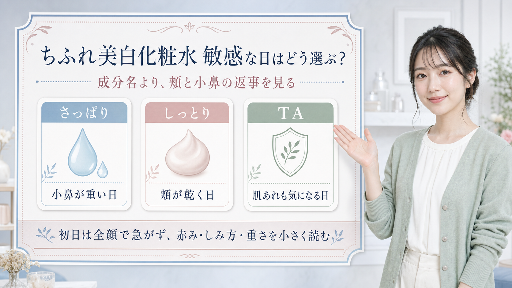 ちふれ美白化粧水は敏感肌でも使いやすい?しっとり・さっぱり・TAで迷う日の見方