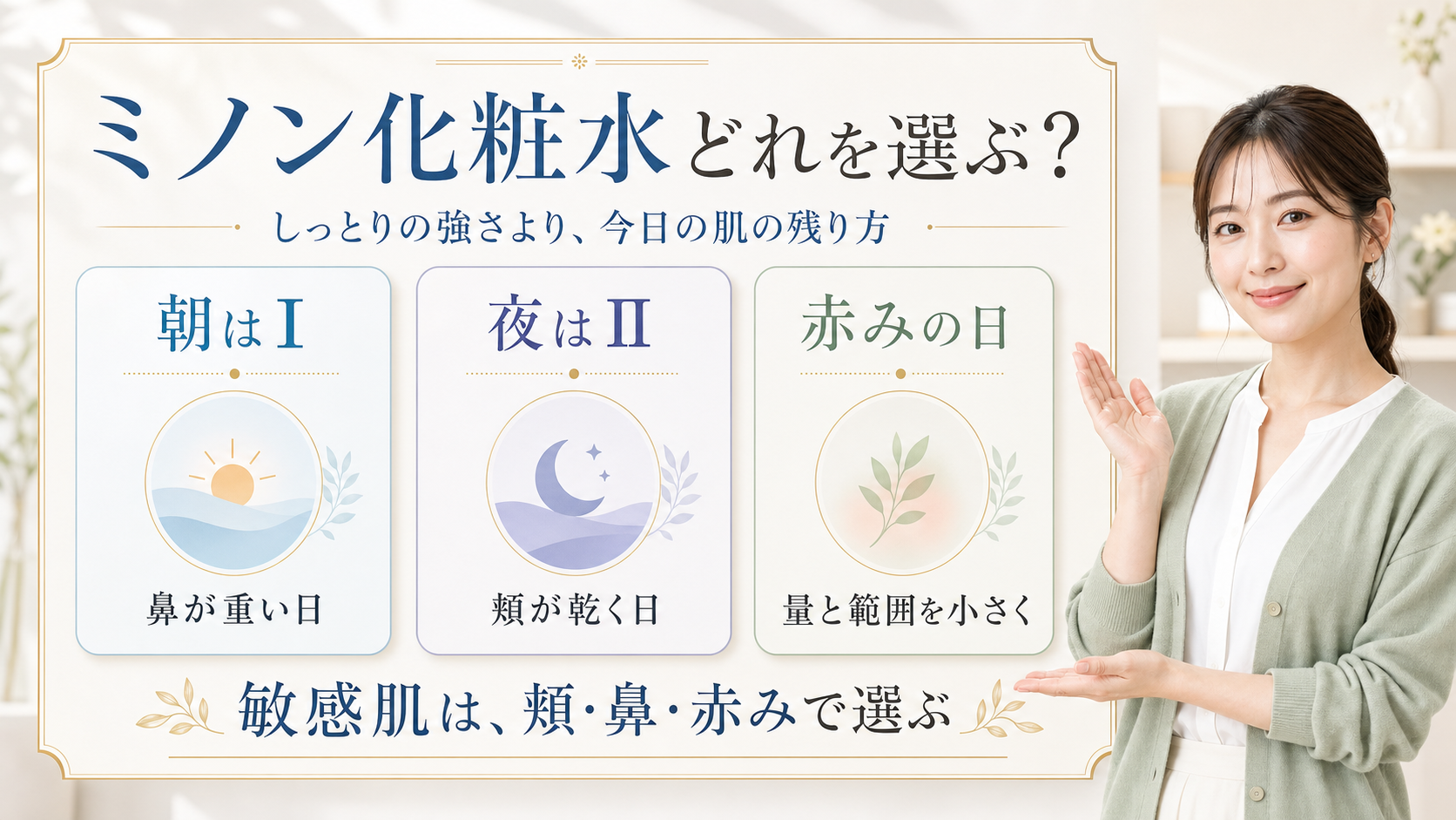 ミノンの化粧水はどれが合う?敏感肌・乾燥肌で迷う日の選び方