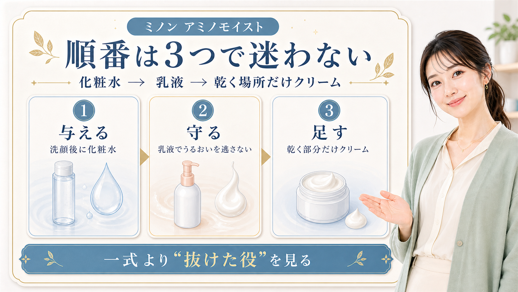 ミノン アミノモイストはどの順番で使う？化粧水・乳液・クリームの最初の組み方
