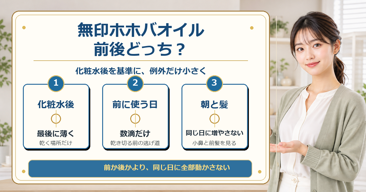無印良品ホホバオイルは化粧水の前後どっち？乳液・朝夜・髪と重ねる順番