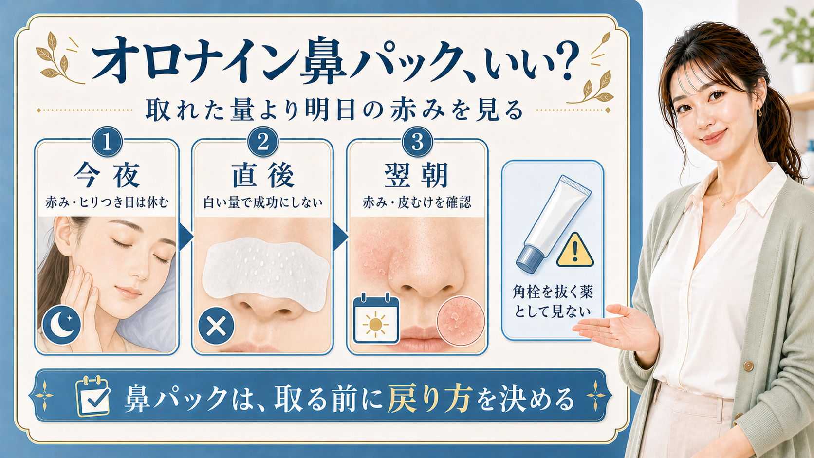 オロナイン鼻パックを赤みと翌朝の戻り方で判断する美容解説ボード