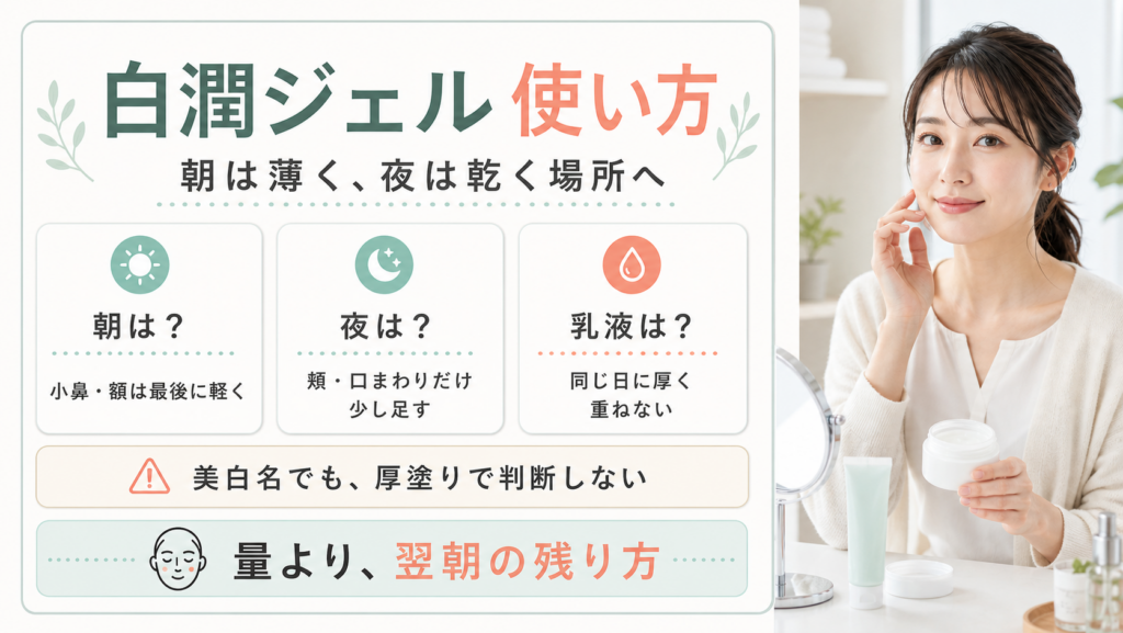 白潤ジェルの朝夜の使い方と乳液との違いを説明する美容ボード