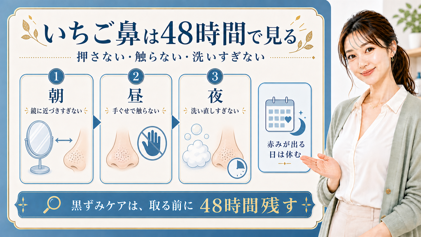 いちご鼻と鼻の黒ずみを48時間押さない流れで整理する美容解説ボード