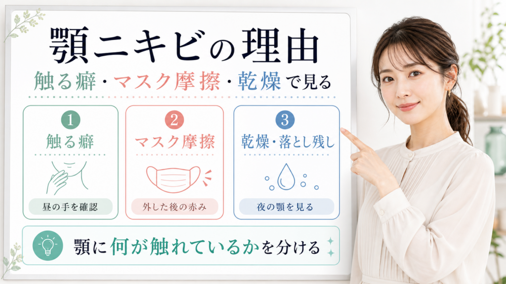 顎ニキビの理由を触る癖マスク摩擦乾燥で見る美容ボード