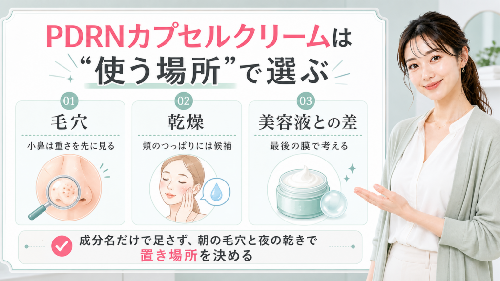 PDRNカプセルクリームを毛穴、乾燥、美容液との差で使う場所から選ぶ解説ボード