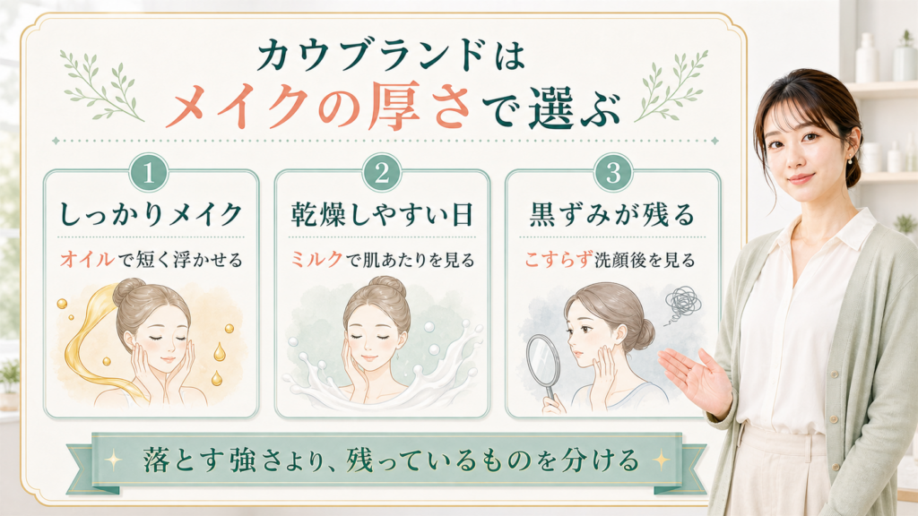 カウブランドのクレンジングをオイル、ミルク、毛穴残りで選ぶ解説ボード