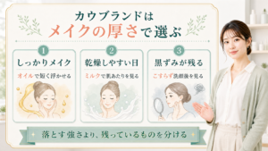 カウブランドのクレンジングをオイル、ミルク、毛穴残りで選ぶ解説ボード