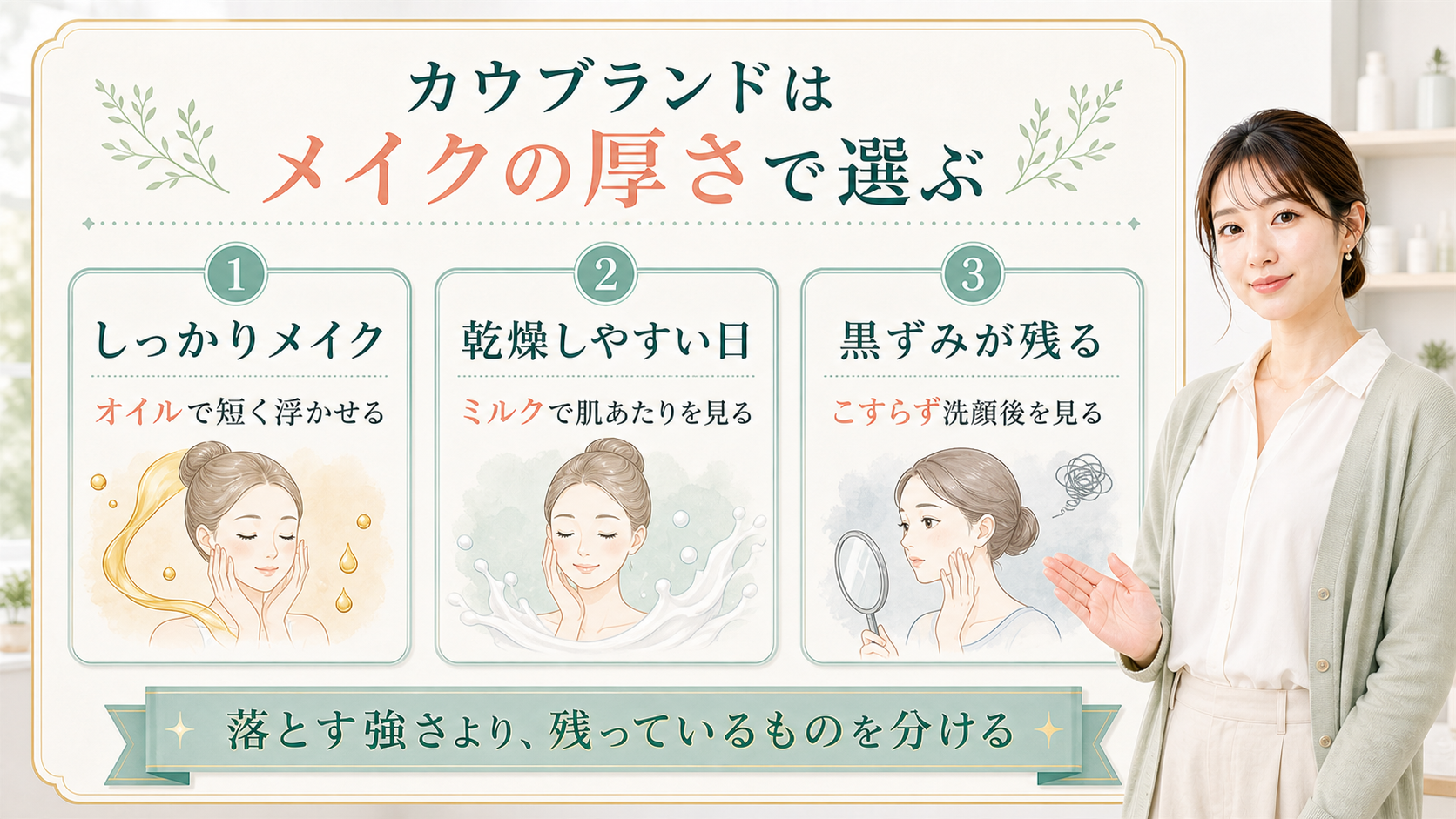 カウブランドのクレンジングをオイル、ミルク、毛穴残りで選ぶ解説ボード