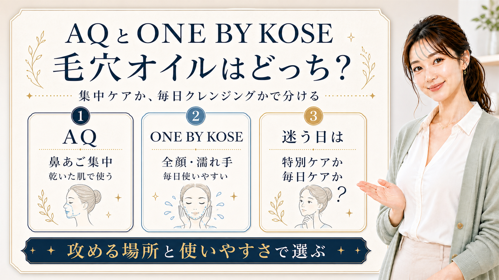 コスメデコルテAQ毛穴美容液オイルとONE BY KOSEの毛穴オイルを集中ケアと毎日クレンジングで選び分ける解説ボード