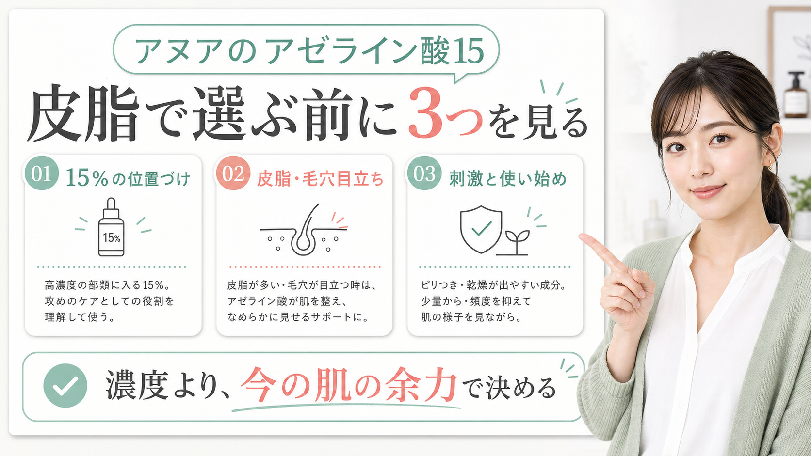 アヌアのアゼライン酸15を皮脂、毛穴目立ち、刺激と使い始めで判断する解説ボード