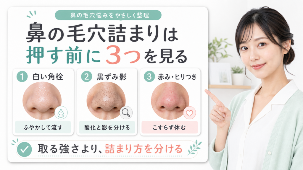 鼻の毛穴詰まりを白い角栓、黒ずみ影、赤みで分ける解説ボード