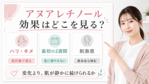 アヌアレチノールの効果をハリ、キメ、2週間、刺激感で判断する解説ボード