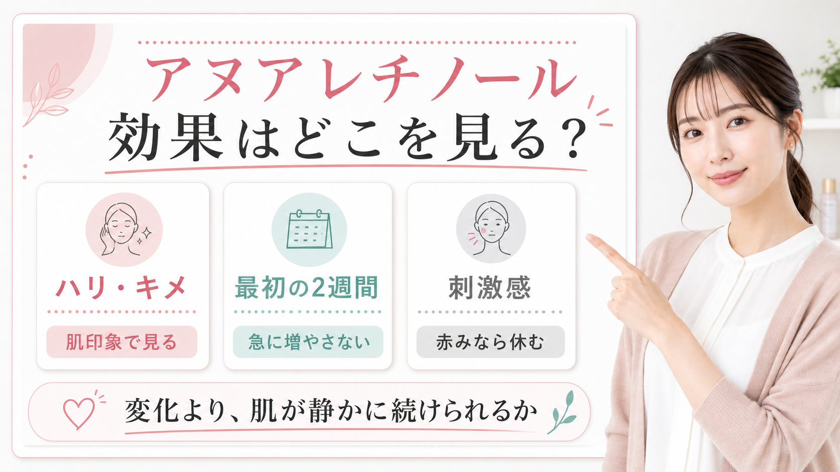 アヌアレチノールの効果をハリ、キメ、2週間、刺激感で判断する解説ボード