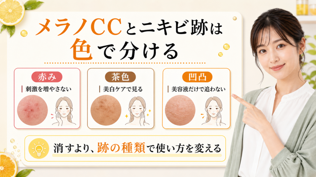 メラノCCをニキビ跡に使う前に赤み、茶色、凹凸で分ける美容解説ボード