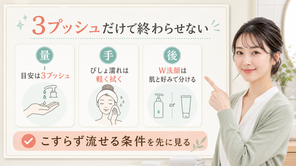 アテニアのクレンジングオイルを3プッシュ、濡れた手、W洗顔で分ける美容解説ボード