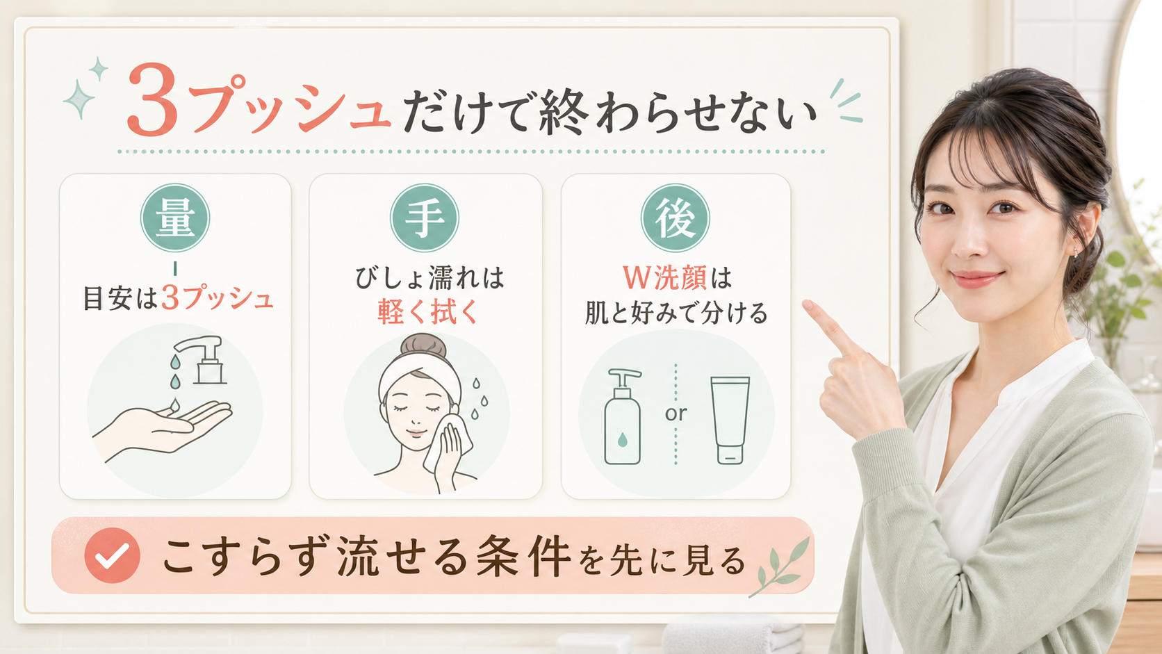 アテニアのクレンジングオイルを3プッシュ、濡れた手、W洗顔で分ける美容解説ボード