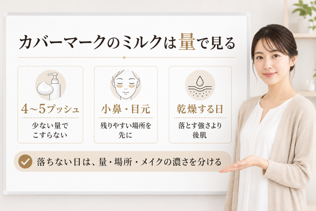 カバーマークのミルククレンジングを量と残りやすい場所で分ける美容ボード