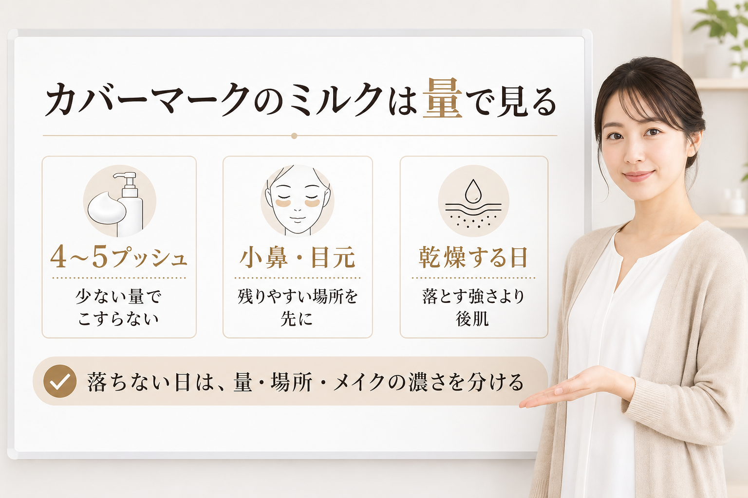 カバーマークのミルククレンジングを量と残りやすい場所で分ける美容ボード