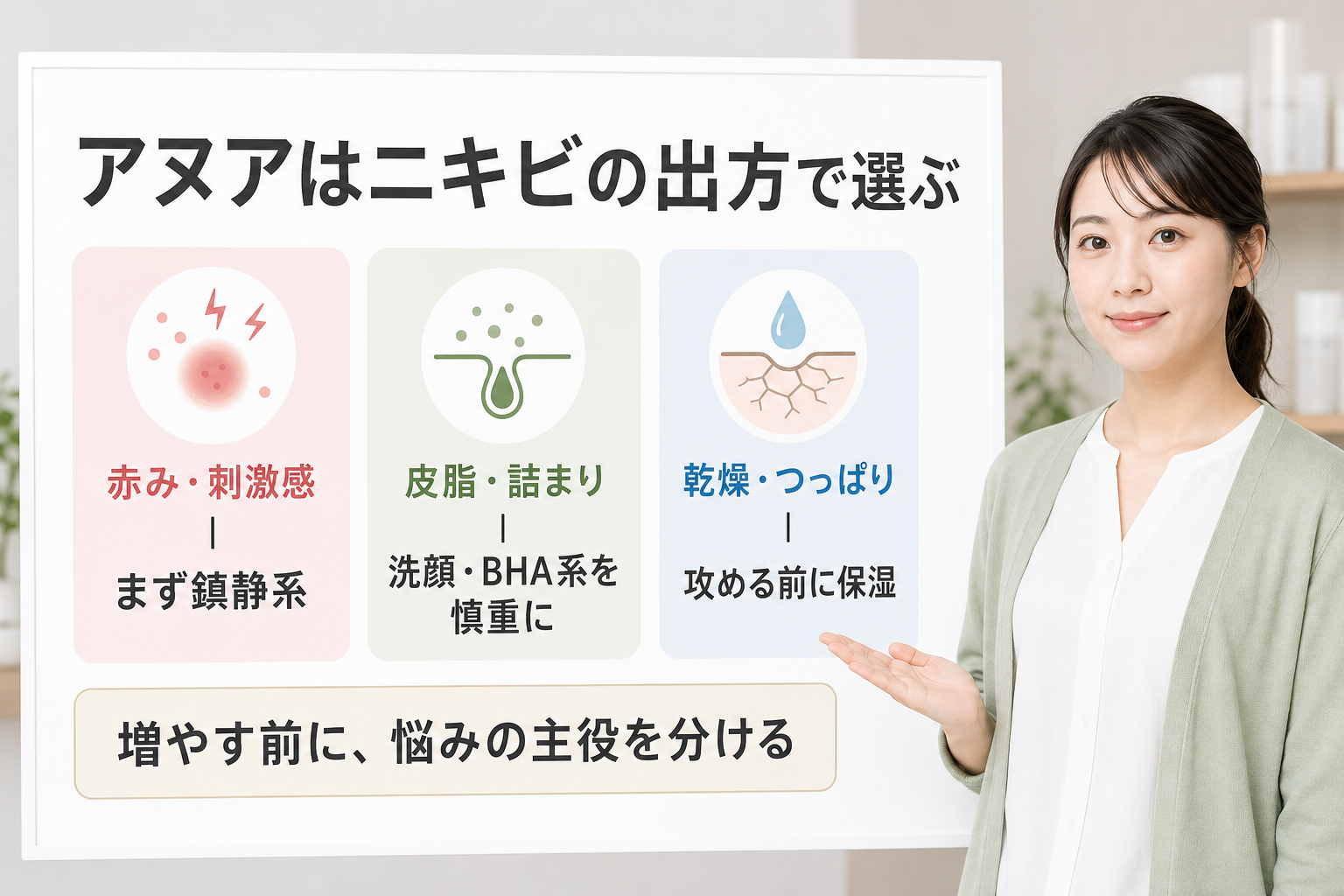 アヌアをニキビ肌の赤み・皮脂・乾燥で選び分ける美容ボード