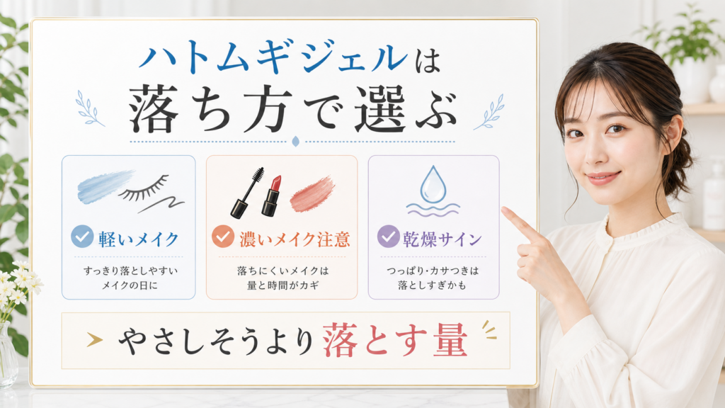 ハトムギクレンジングジェルを軽いメイク・濃いメイク・乾燥サインで選ぶ美容ボード