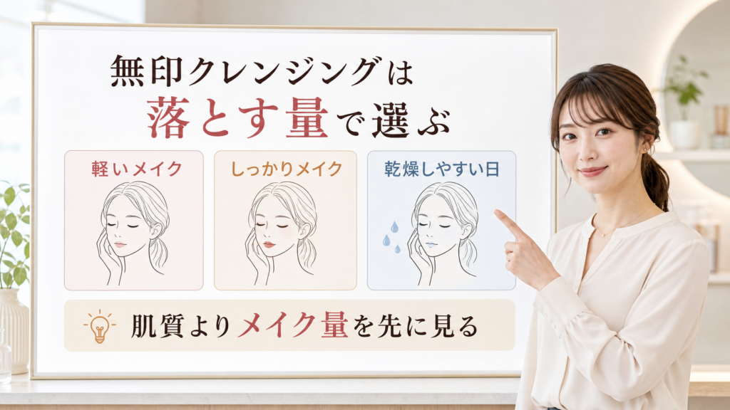 無印良品のクレンジングを軽いメイク・しっかりメイク・乾燥しやすい日で選ぶ美容ボード