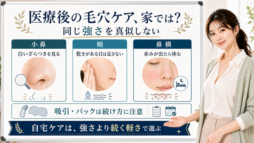 医療後の毛穴ケアと自宅ケアを強さではなく続き方で整理する美容解説ボード