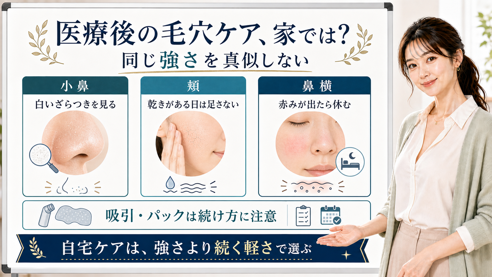 医療後の毛穴ケアと自宅ケアを強さではなく続き方で整理する美容解説ボード