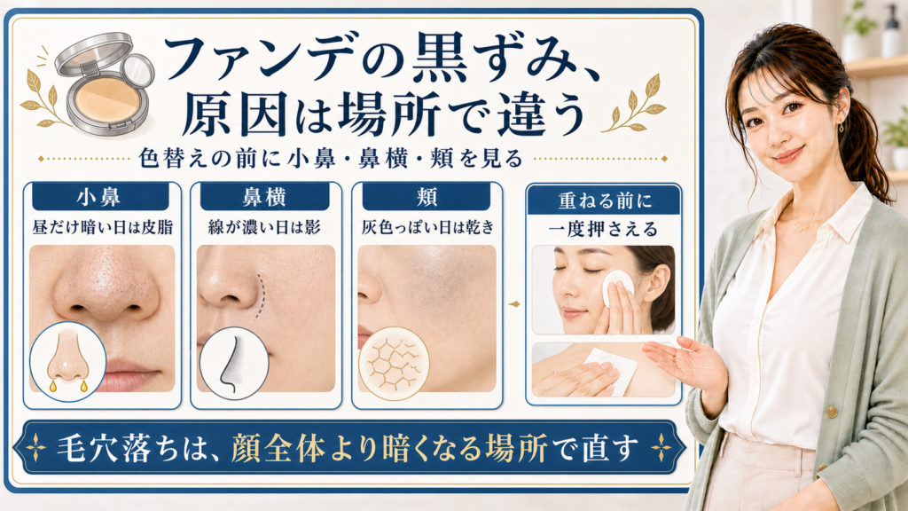 ファンデーションの黒ずみを小鼻・鼻横・頬で見分ける美容解説ボード