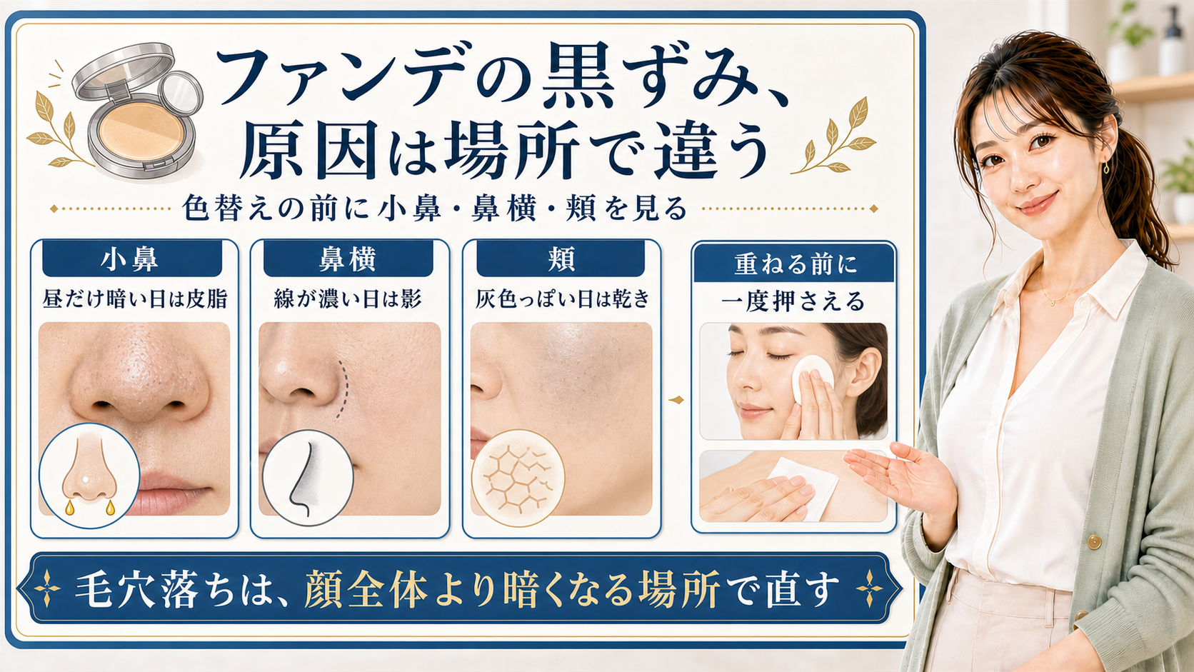 ファンデーションの黒ずみを小鼻・鼻横・頬で見分ける美容解説ボード