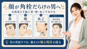 男性の顔の角栓を鼻・頬・あごで分けて整理する美容解説ボード