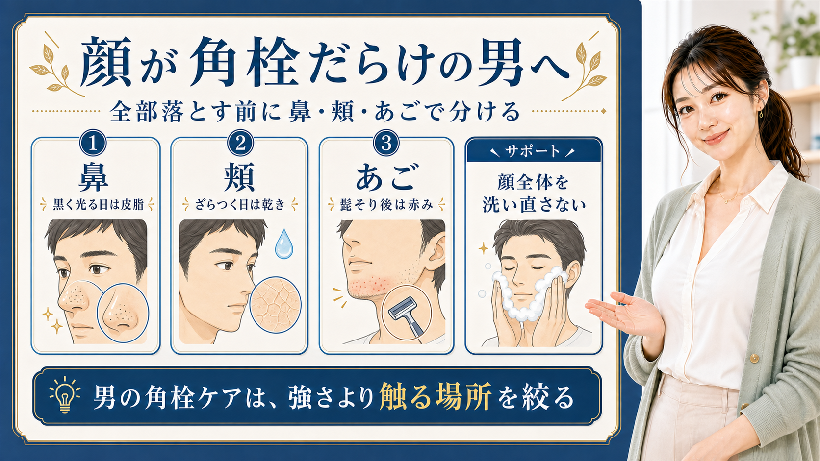 男性の顔の角栓を鼻・頬・あごで分けて整理する美容解説ボード