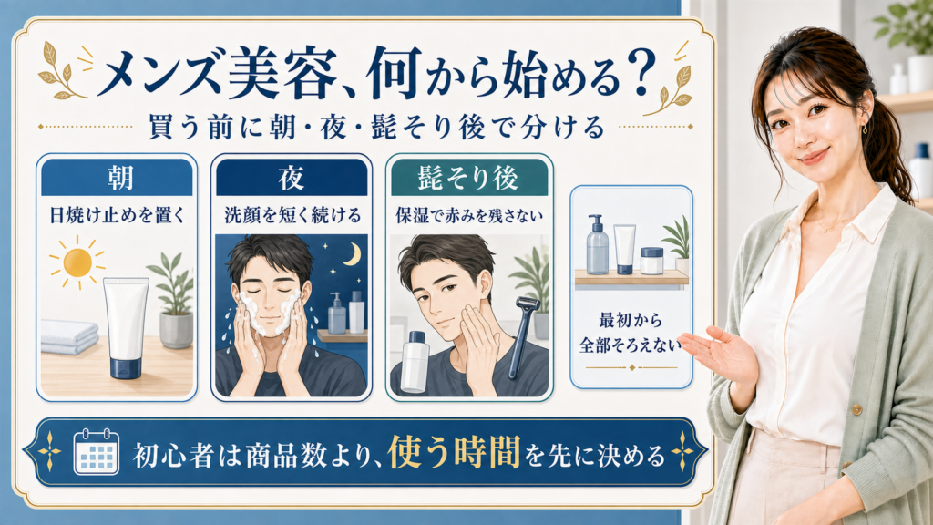 メンズ美容初心者が朝・夜・髭そり後で始める順番を整理する美容解説ボード