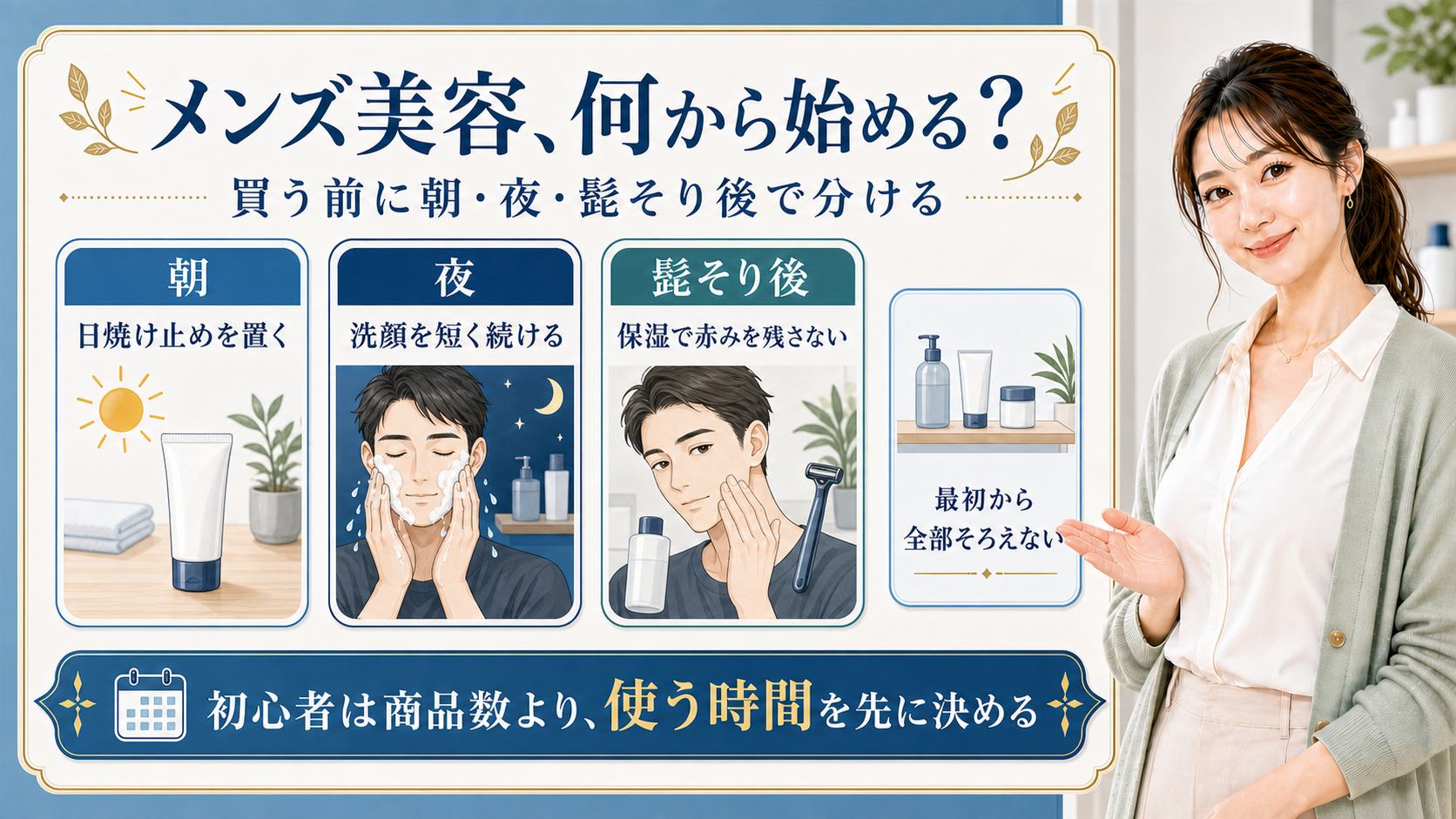 メンズ美容初心者が朝・夜・髭そり後で始める順番を整理する美容解説ボード