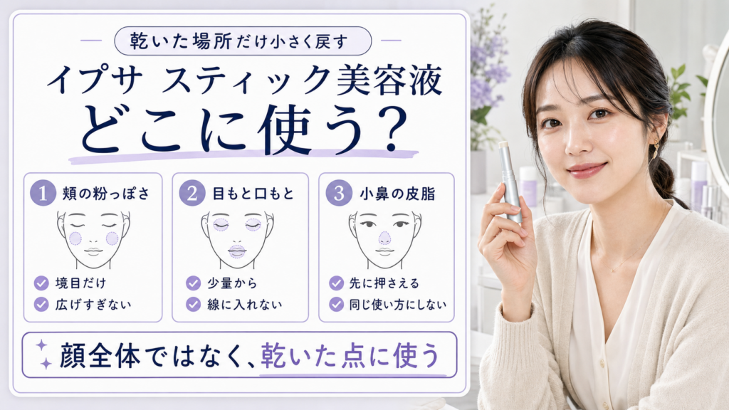 イプサのスティック美容液を頬、目もと口もと、小鼻の皮脂で使い分けるアイキャッチ