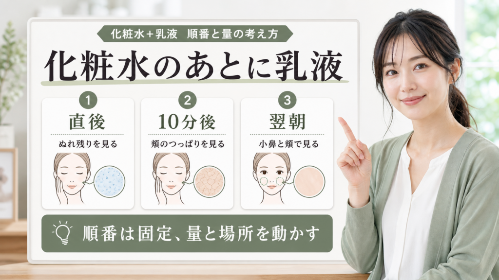 化粧水と乳液の順番を直後、10分後、翌朝で見分けるアイキャッチ