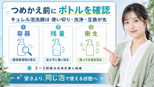 キュレル泡洗顔のつめかえ前にボトルと衛生を確認するアイキャッチ