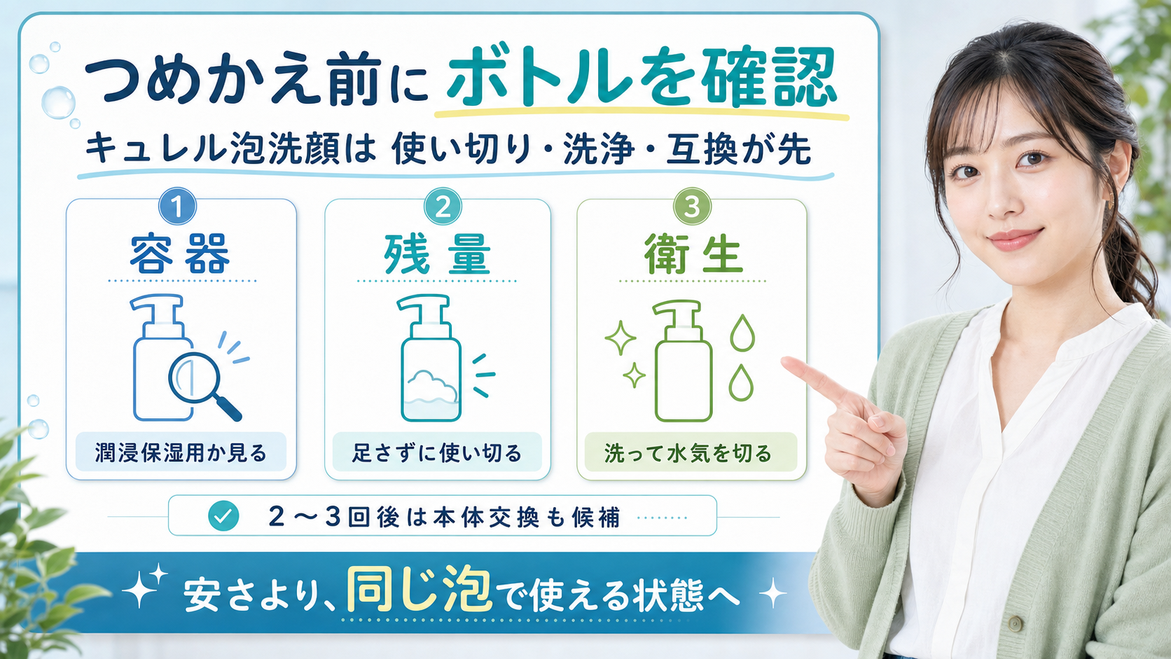 キュレル泡洗顔のつめかえ前にボトルと衛生を確認するアイキャッチ